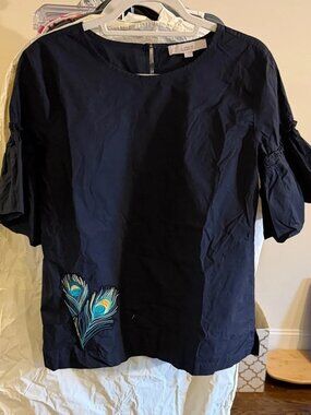 LOFT Black Peacock Feather Bell Sleeve Top - Size M